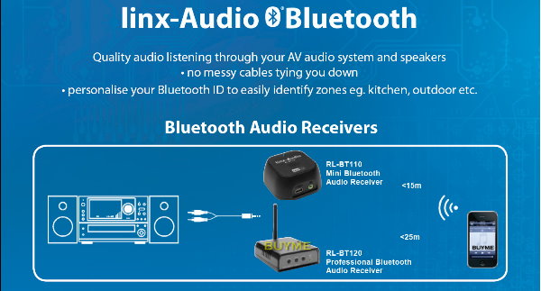 Buyme.com.au - Resi-Linx Bluetooth Audio Receiver Model: RL-BT110 connects to any audio system with AUX /DVD/CD inputs, allowing you to play your music from a personal device (iTouch, iPhone, iPad, MP3 player or any Bluetooth enabled phone etc) wirelessly. 1:1 connectivity via Bluetooth ensures a stable connection - sending a digital audio signal up to 15m away. Product Details * Plug N Play Kit * Up to 15m range * Compact * Personalised labelling (via PC) * Includes mini USB/USB lead, audio leads and power supply